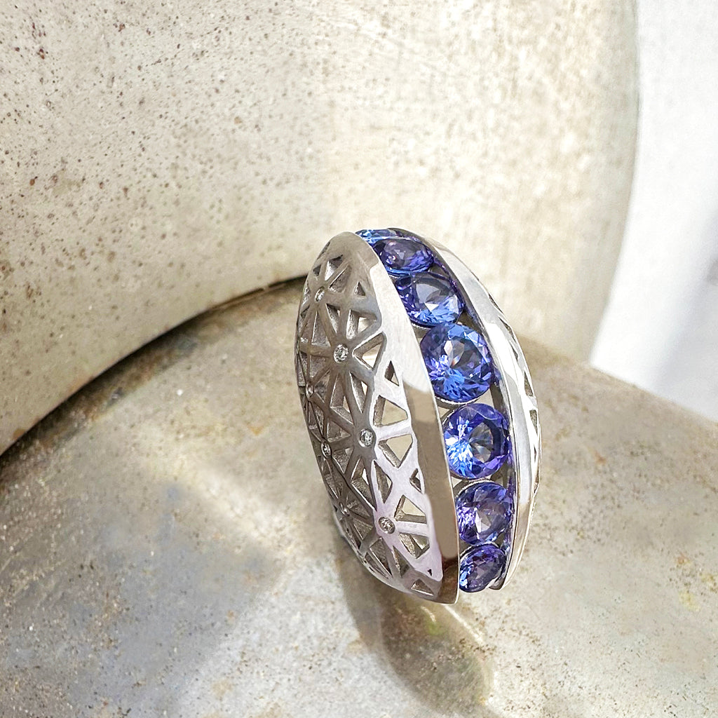 Afrogem Tanzanite And Diamond Raised Pattern Statement Ring