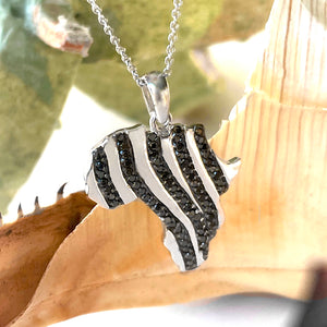 Black Diamond Zebra Striped Africa Map White Gold Pendant