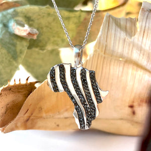 Black Diamond Zebra Striped Africa Map White Gold Pendant