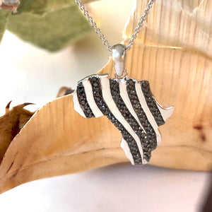 Black Diamond Zebra Striped Africa Map White Gold Pendant