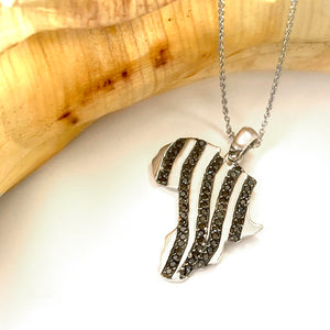 Black Diamond Zebra Striped Africa Map White Gold Pendant