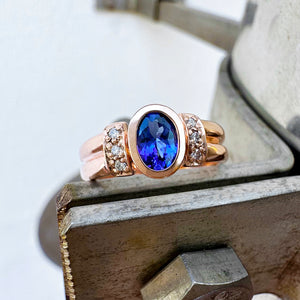 Double Band Oval Tanzanite Ring with Elaborate Diamond Shoulders in Rose Gold