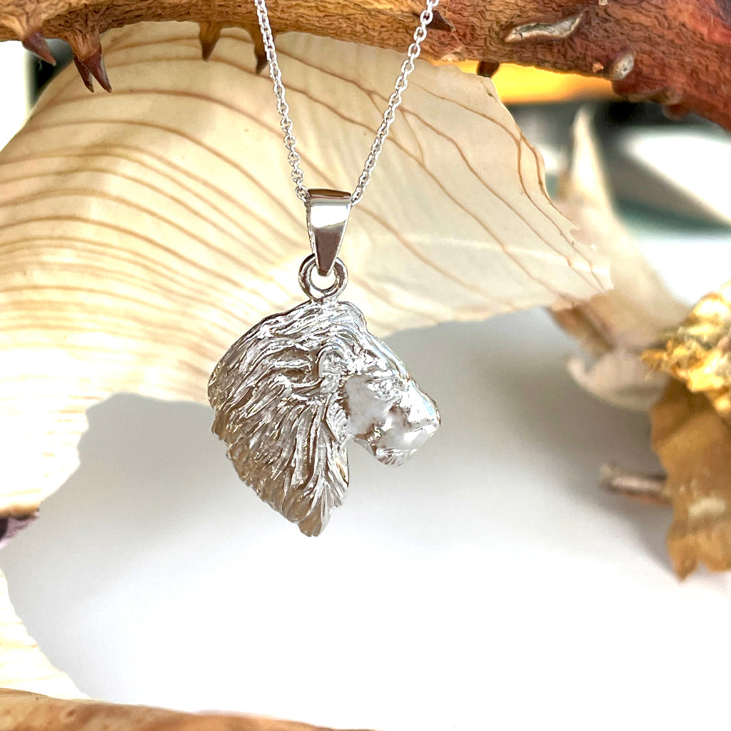 Magnificent Lions Head Profile White Gold Pendant