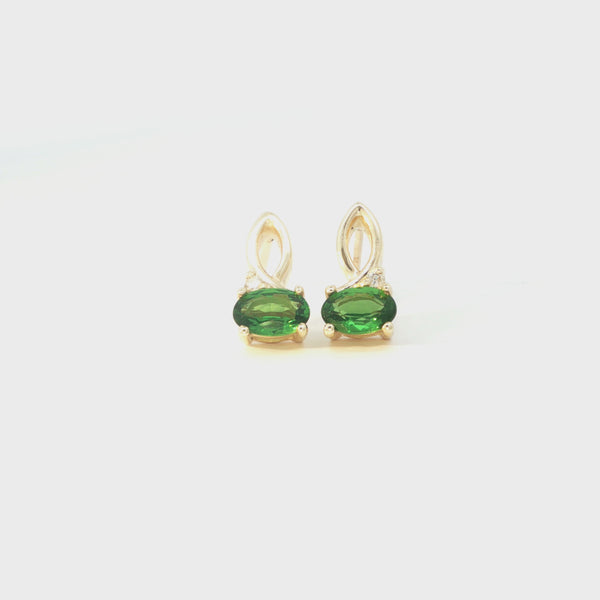 Half Bow Tsavorite and Diamond Yellow Gold Earrings