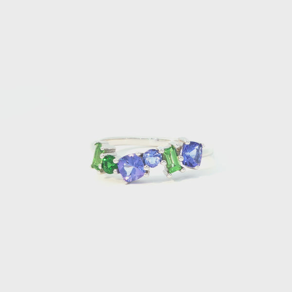 Gorgeous Multi Stone Tanzanite And Tsavorite White Gold Ring