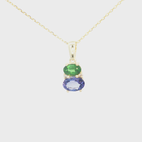 Double Oval Tsavorite and Tanzanite Pendant with Diamond Highlight in Yellow Gold
