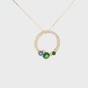 Stunning Multi Tanzanite and Tsavorite Gemstone Cluster Diamond Halo Yellow Gold Pendant