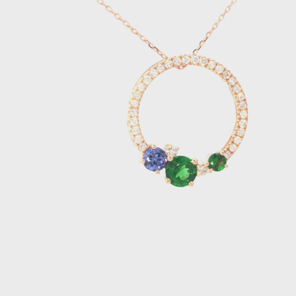 Stunning Multi Tanzanite and Tsavorite Gemstone Cluster Diamond Halo Rose Gold Pendant