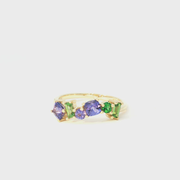 Gorgeous Multi Stone Tanzanite And Tsavorite Yellow Gold Ring