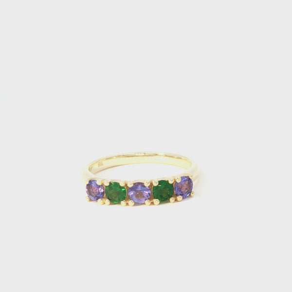 Elegantly Looped Gallery Tanzanite and Tsavorite Yellow Gold Ring