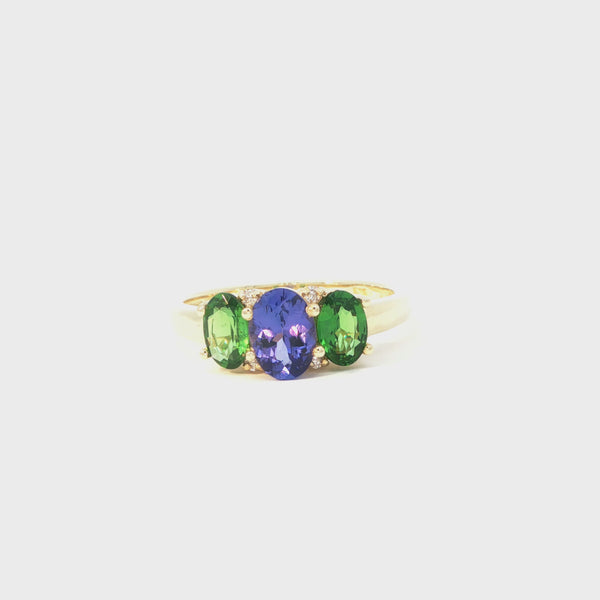 Elegant Trilogy Tanzanite and Tsavorite Diamond Ring Yellow Gold Ring