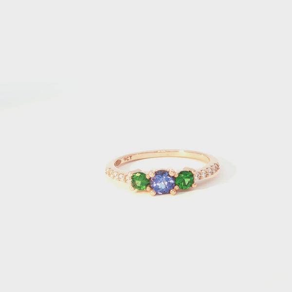 Graceful Diamond Shouldered Tanzanite and Tsavorite Rose Gold Ring