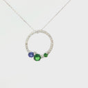 Stunning Multi Tanzanite and Tsavorite Gemstone Cluster Diamond Halo White Gold Pendant