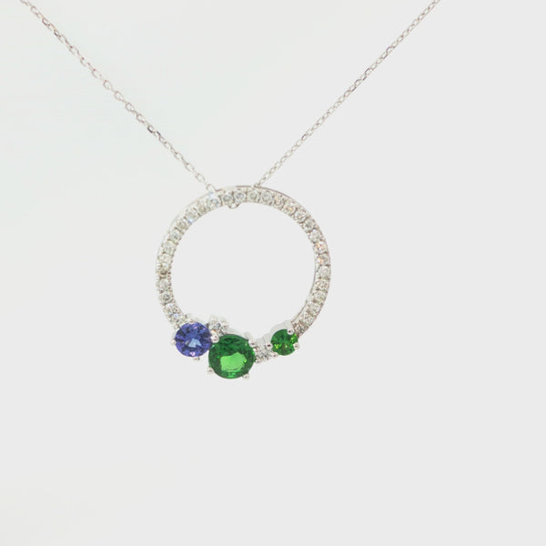 Stunning Multi Tanzanite and Tsavorite Gemstone Cluster Diamond Halo White Gold Pendant