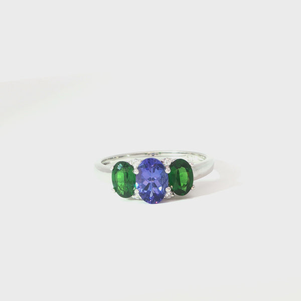 Elegant Trilogy Tanzanite and Tsavorite Diamond Ring White Gold Ring