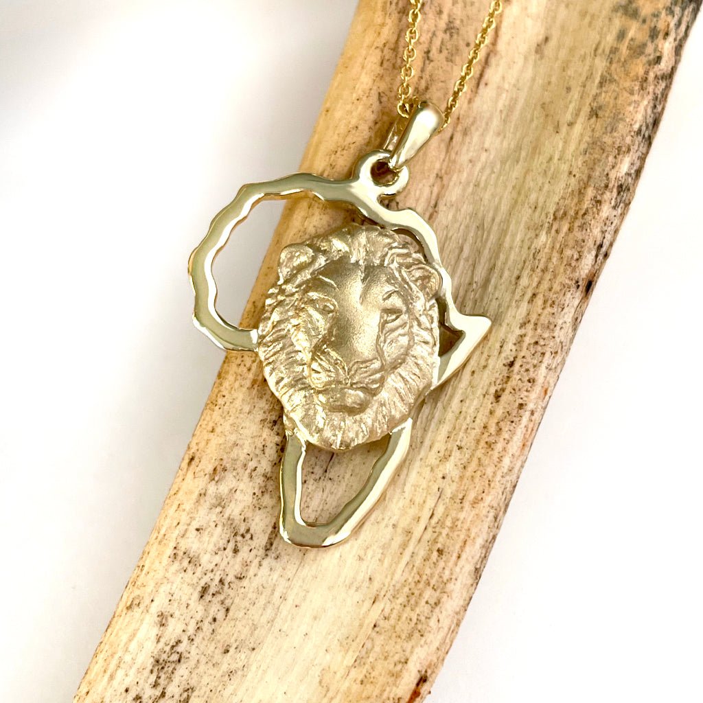 Regal Lion Head Africa Map Yellow Gold Pendant