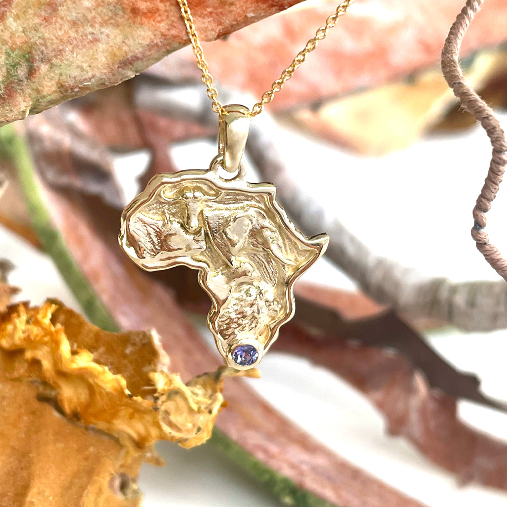 Solid Africa and Big 5 With Tanzanite Yellow Gold Pendant