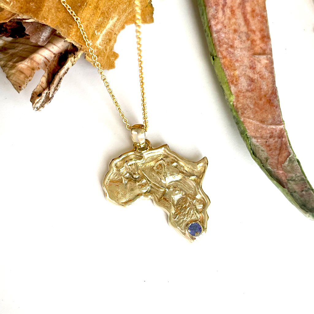 Solid Africa and Big 5 With Tanzanite Yellow Gold Pendant