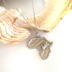 Stand Out Cheetah and Black Diamond Solid Africa Map White Gold Pendant