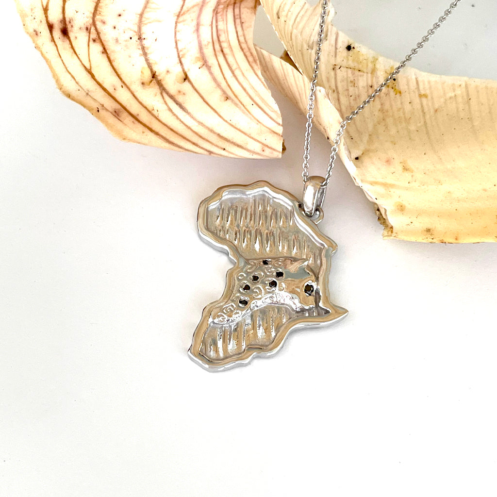 Stand Out Cheetah and Black Diamond Solid Africa Map White Gold Pendant