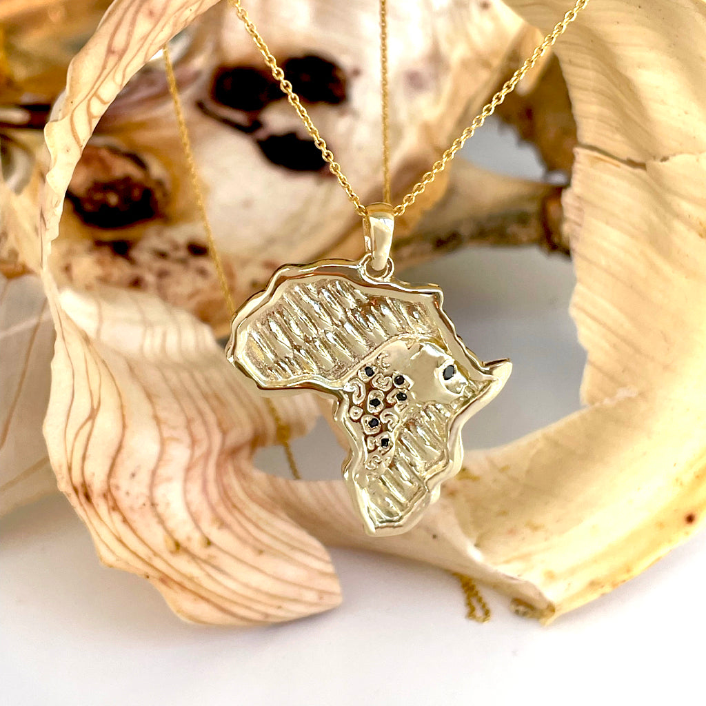 Stand Out Leopard and Black Diamond Solid Africa Map Yellow Gold Penda ...