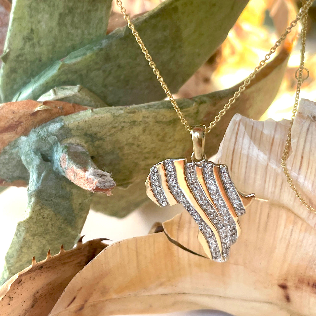 White Diamond Zebra Striped Africa Map Yellow Gold Pendant