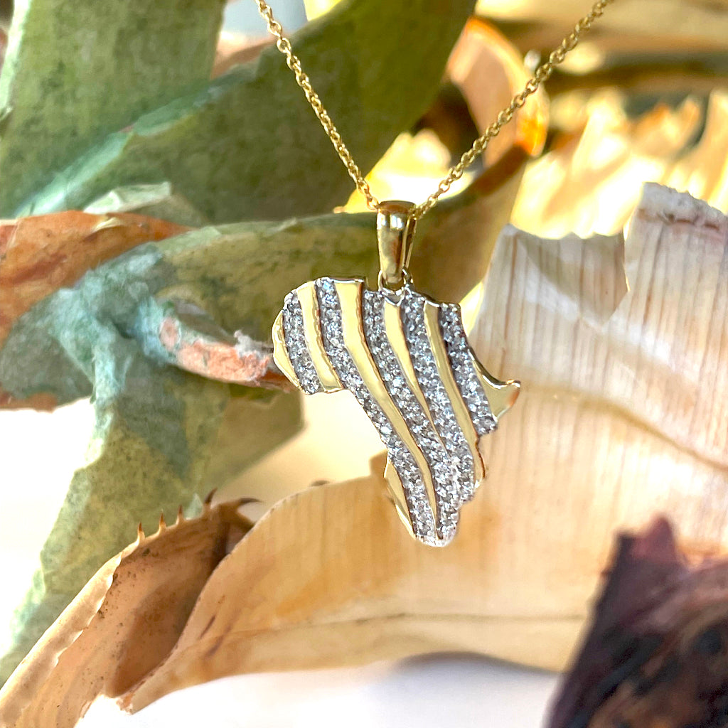 White Diamond Zebra Striped Africa Map Yellow Gold Pendant