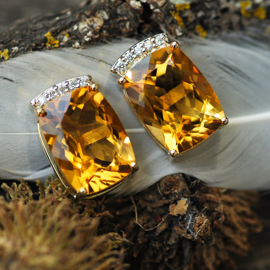 Cushion Cut Citrine and Diamond Earrings