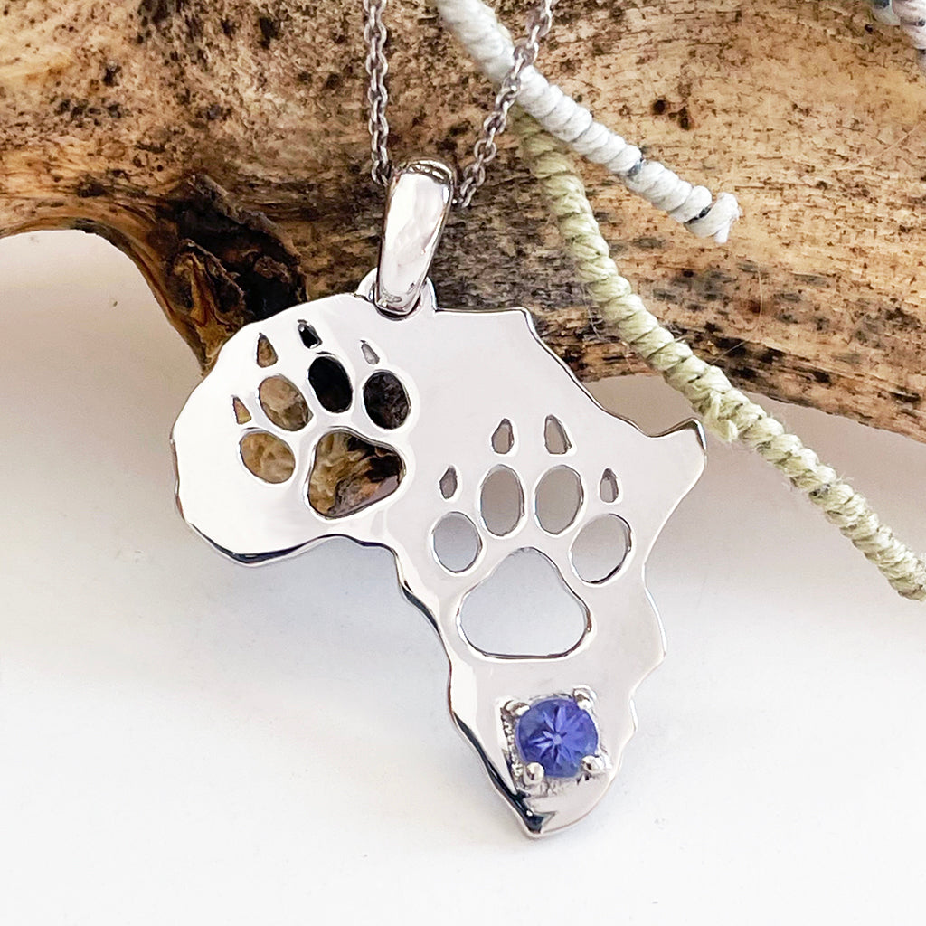 Africa Map Cut Out Paw Prints with Tanzanite in White Gold