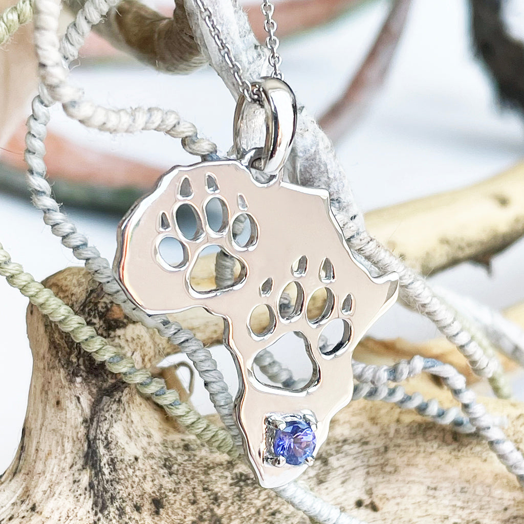 Africa Map Cut Out Paw Prints with Tanzanite in White Gold