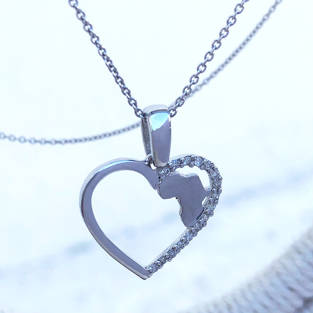 Africa Map Heart White Gold Pendant with Diamonds