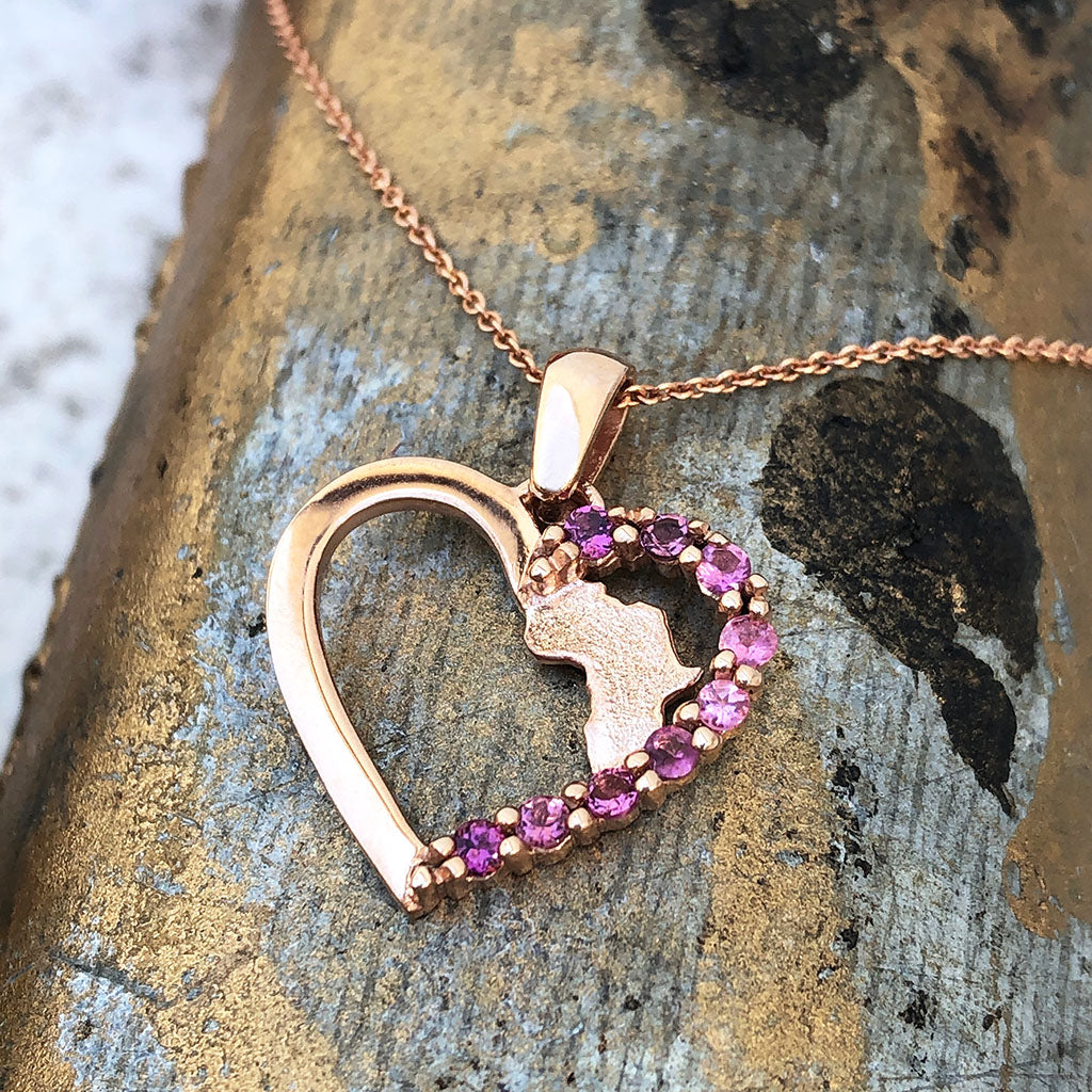 Africa Map Rose Gold Heart Pendant with Pink Tourmaline