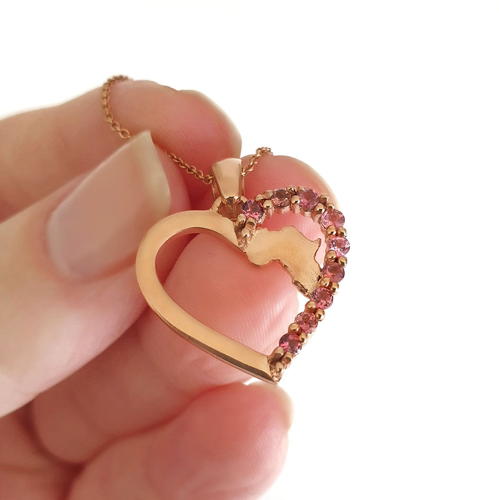 Africa Map Rose Gold Heart Pendant with Pink Tourmaline