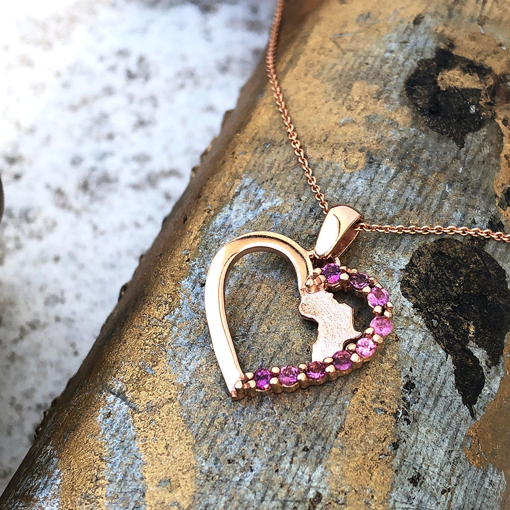 Africa Map Rose Gold Heart Pendant with Pink Tourmaline