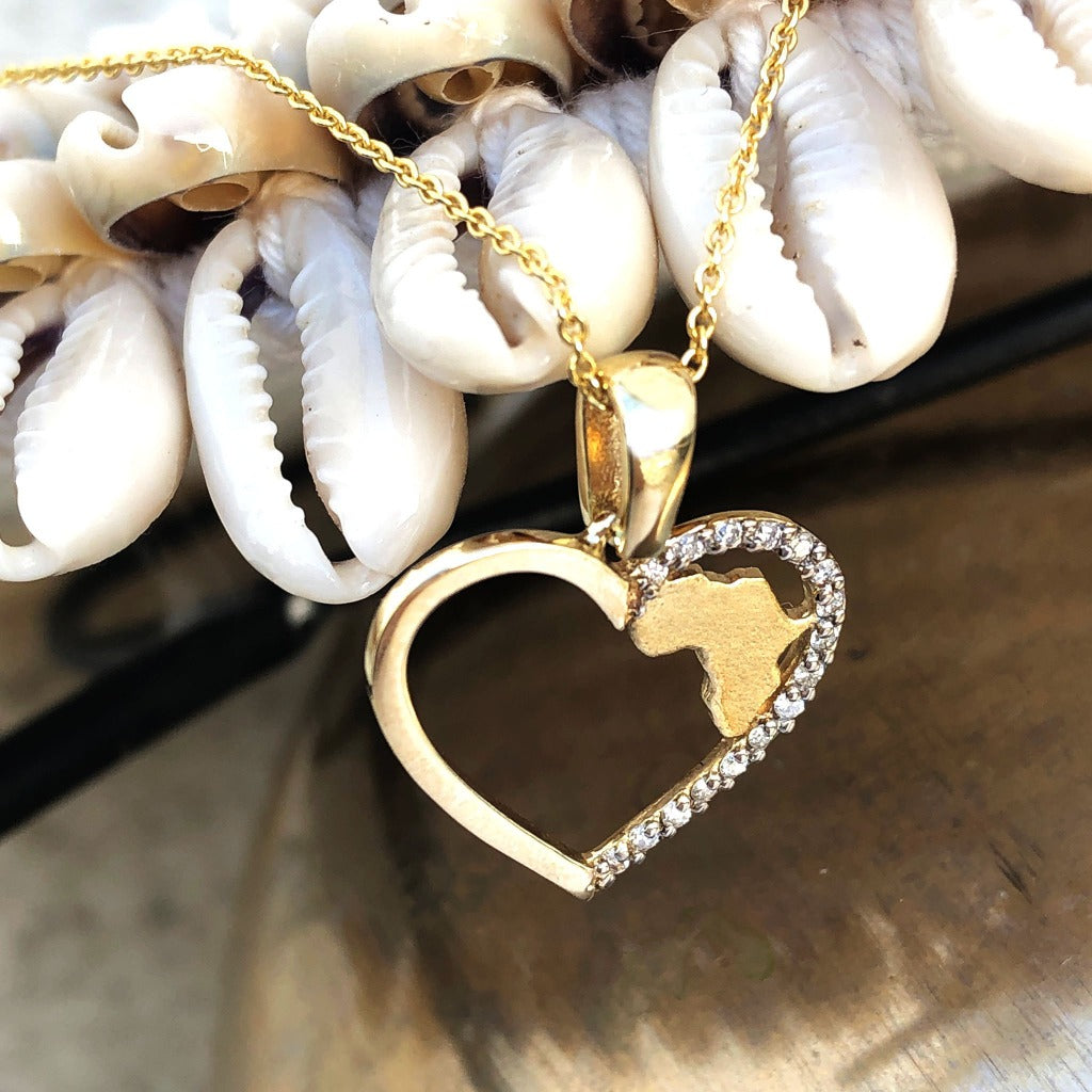 Africa Map Yellow Gold Heart Pendant with Diamonds
