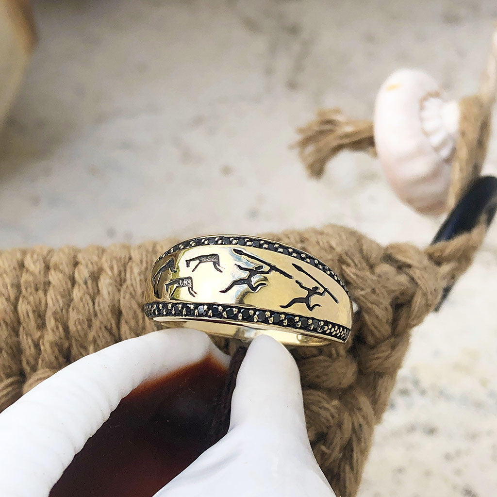 African San Art Gold and Black Diamond Ring
