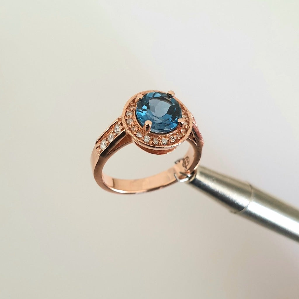 Rose Gold London Blue Topaz Ring with Diamond Halo and Band Accents