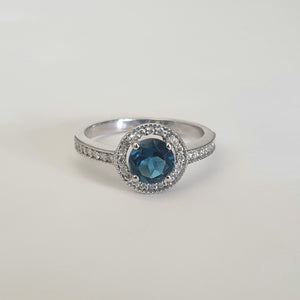 White Gold London Blue and Diamond Halo and Band Accent Ring