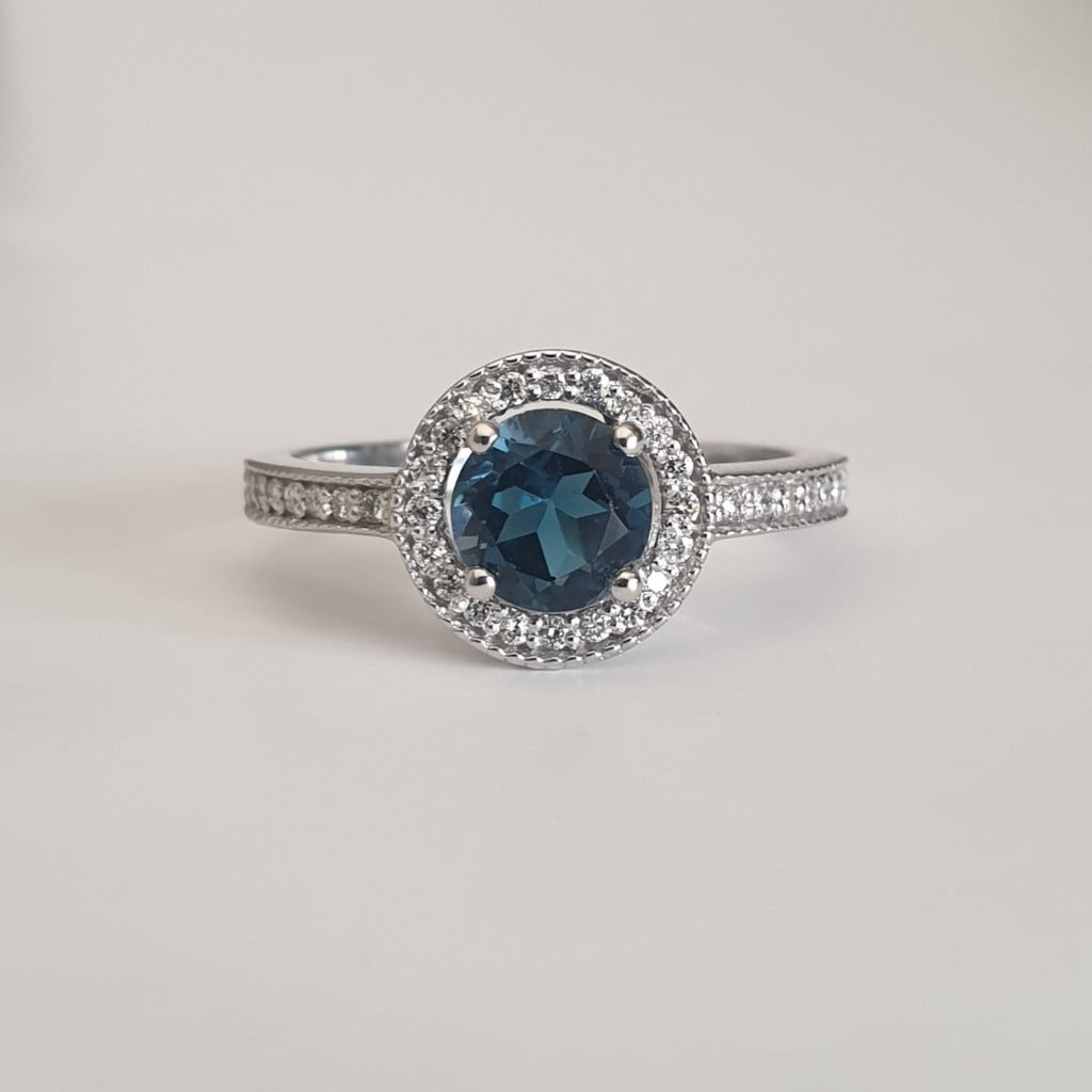 White Gold London Blue and Diamond Halo and Band Accent Ring