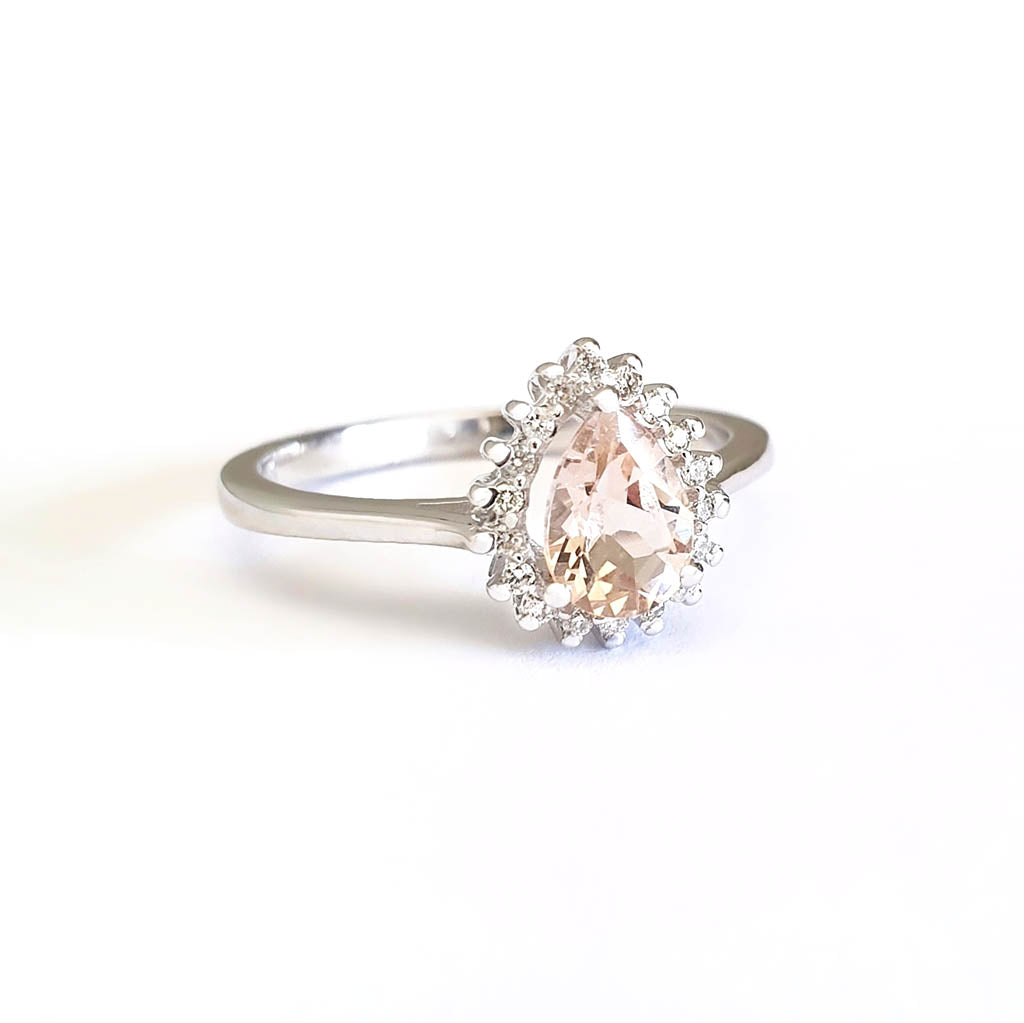 Diamond Halo Pear Cut Morganite White Gold Ring