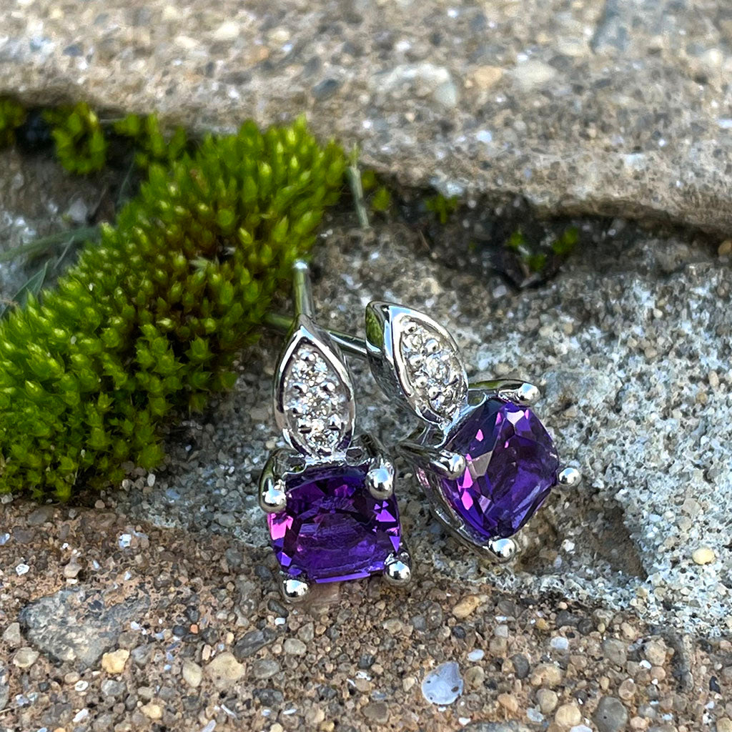 Amethyst Cushion Cut with Accent Diamond Studs