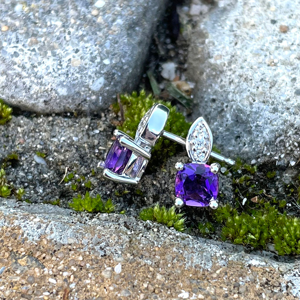 Amethyst Cushion Cut with Accent Diamond Studs