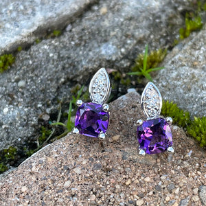 Amethyst Cushion Cut with Accent Diamond Studs