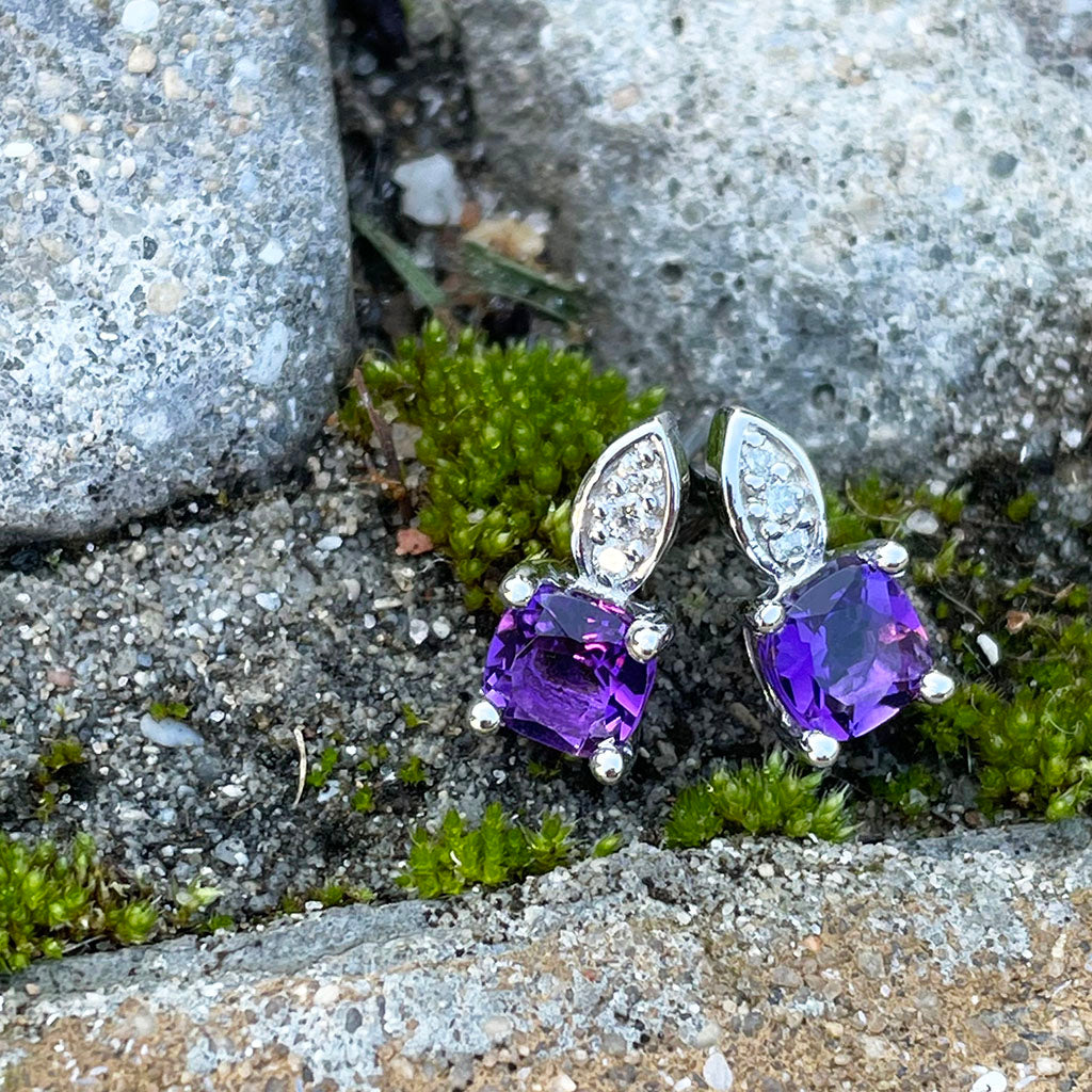 Amethyst Cushion Cut with Accent Diamond Studs