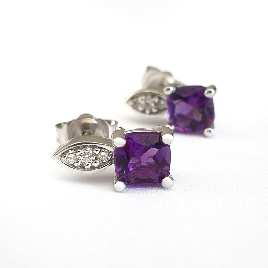  Amethyst Cushion Cut with Accent Diamond Studs