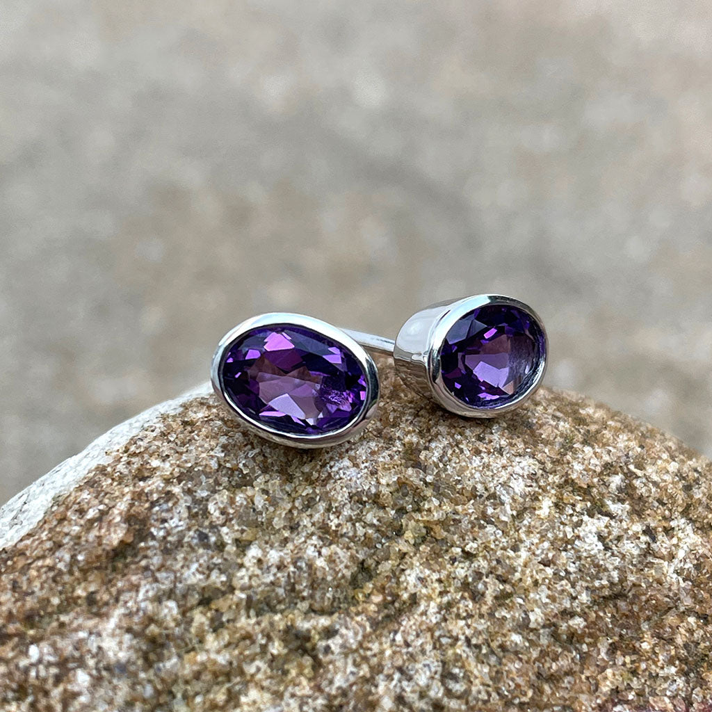 Amethyst Oval Cut Bezel Set White Gold Studs