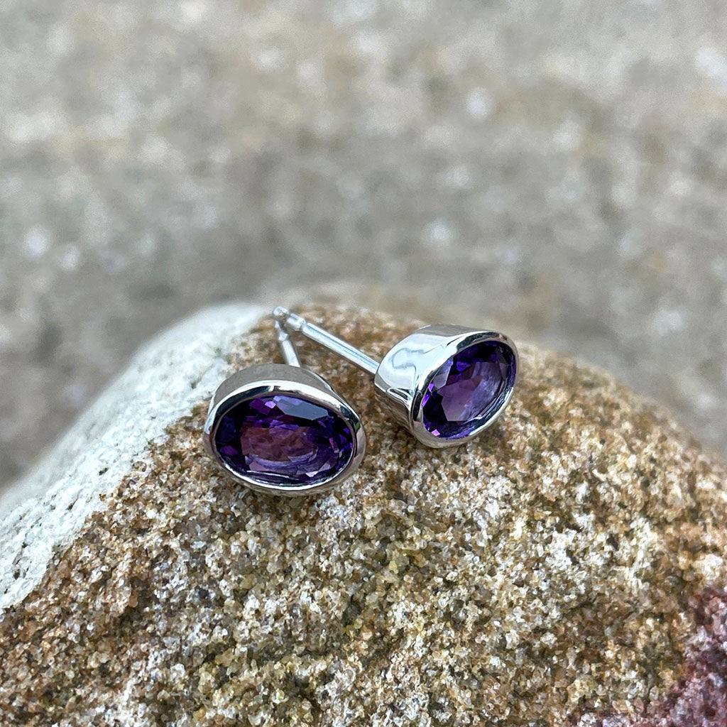 Amethyst Oval Cut Bezel Set White Gold Studs