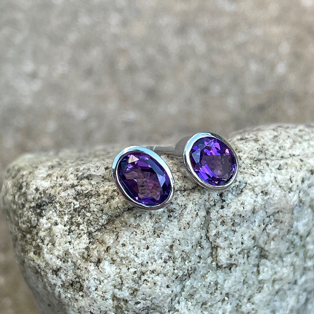 Amethyst Oval Cut Bezel Set White Gold Studs