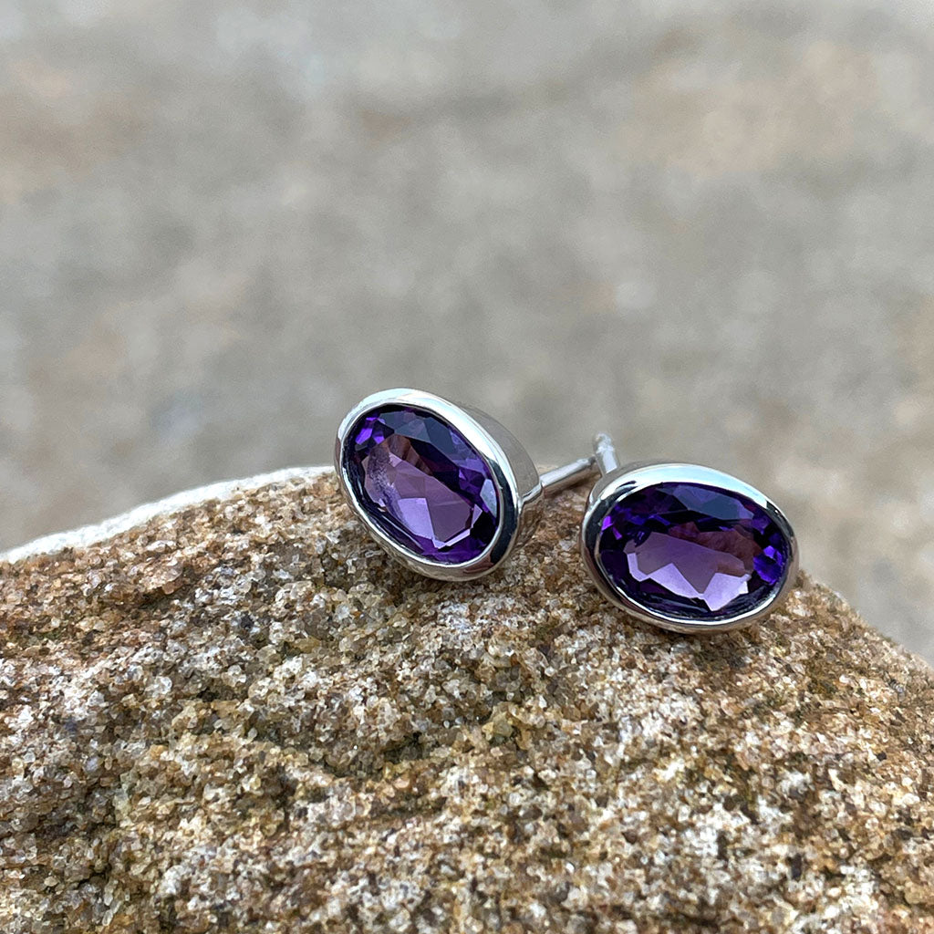 Amethyst Oval Cut Bezel Set White Gold Studs