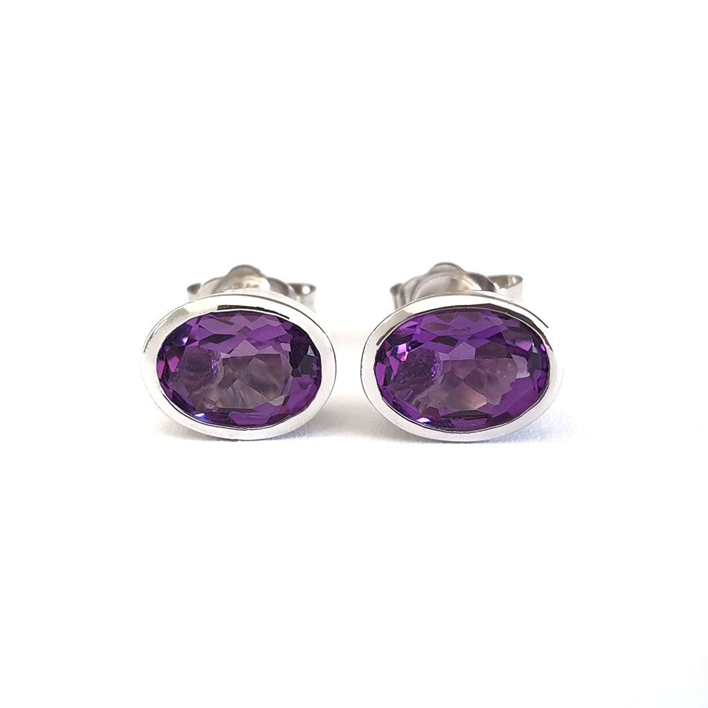 Amethyst Oval Cut Bezel Set White Gold Studs